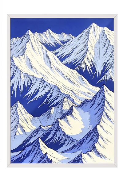 Postifull White Framed Painting, Shining Mountains, Illustration, Blue Color Poster, 2025 Summer Selection, No:109725