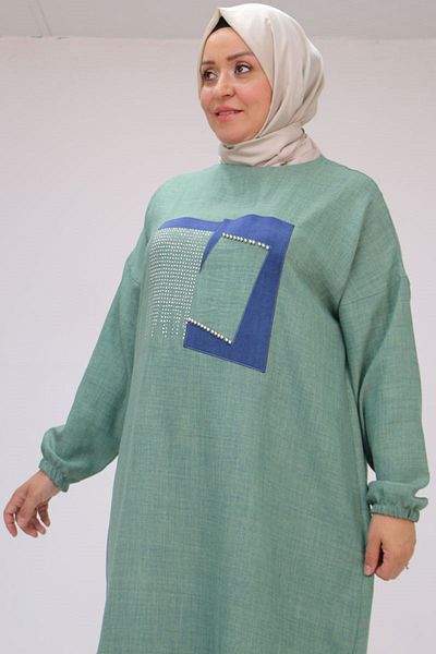 Eslina 58011 Large Size Linen Tunic with Tie Hem and Stone Detail on the Front - Nefti