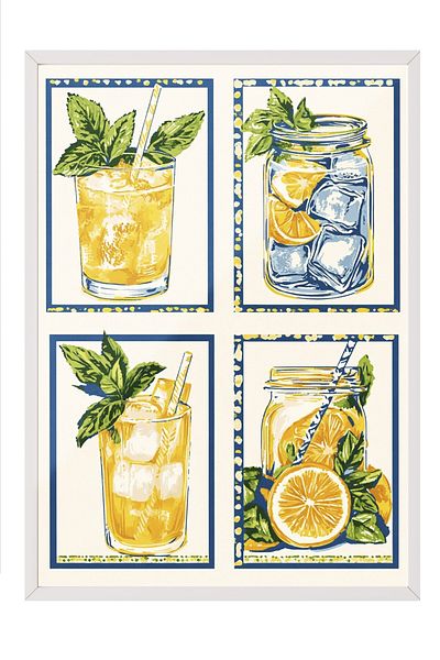 Postifull White Framed Painting, Glass, Jar, Lemon, Illustration, Retro, Yellow, Blue Color Poster, 2025 Summer Se