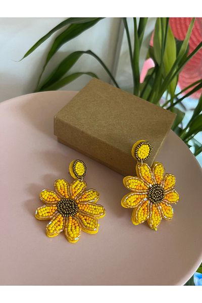 PONÇİK ACCESSORİES Miyuki Beaded Yellow Big Flower Earrings