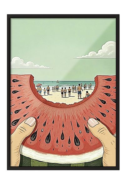 Postifull Black Framed Painting, Watermelon Slice, Illustration, Maximalist, Red Color Poster, 2025 Summer Selection