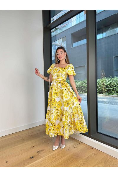 modaçelikler Square Neck Balloon Sleeve Draped Dalim Yellow Women's Floral Dress 25Y441