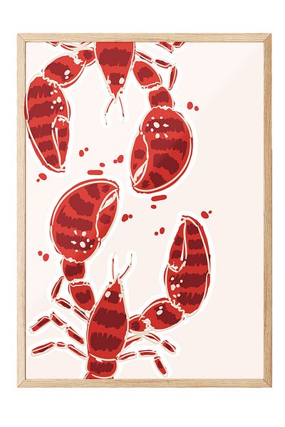 Postifull Wooden Framed Painting, Lobster, Flat Illustration, Red, White Color Poster, 2025 Summer Selection, No:1