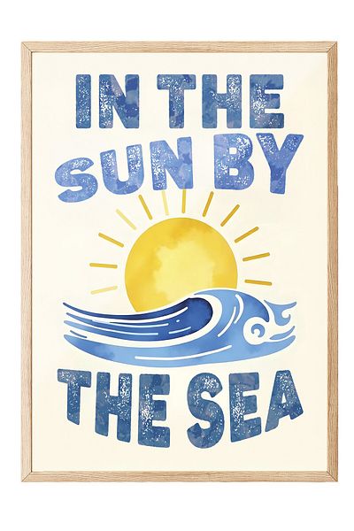 Postifull Wooden Framed Poster, Sunny Seaside, Illustration, Blue Color Poster, 2025 Summer Selection, No:1