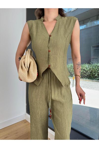 modaçelikler V-Neck Button Blouse Loose Leg Waist Tied Pants Felina Khaki Women's Set 25Y439