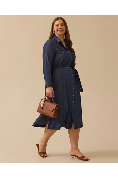 Gala-Xi Büyük Beden Kuşaklı Jean Elbise