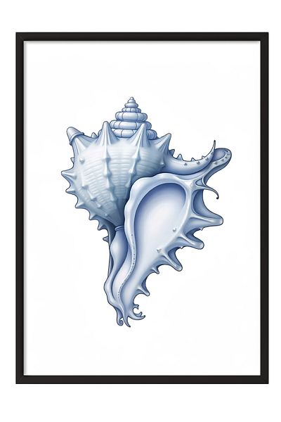 Postifull Black Framed Painting, Blue Seashell, Illustration, Blue Color Poster, 2025 Summer Selection, No:10974