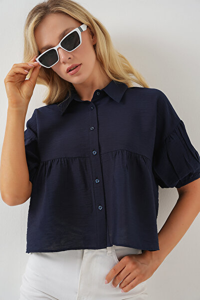Bigdart Women's Short Sleeve Crop Shirt 20335 - Navy Blue