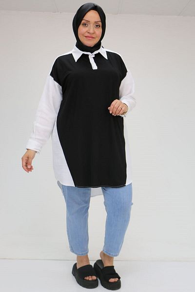 Eslina 58032 Large Size Muslin Tunic with Combed Cotton Detail on the Front - Black
