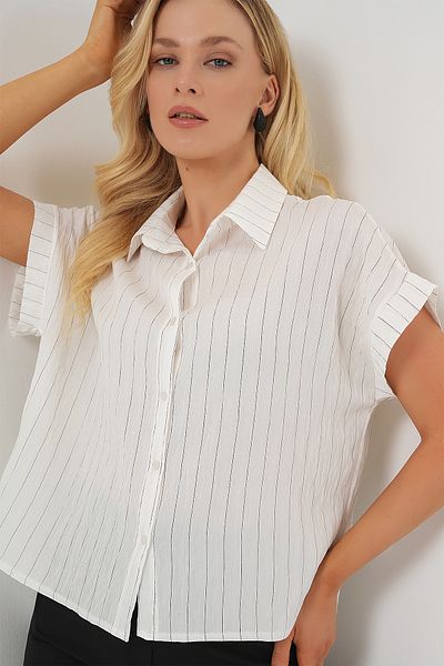 Bigdart Women's Striped Short Sleeve Shirt 20327 - White