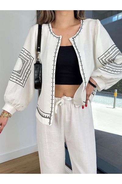 modaçelikler Balloon Sleeve Cardigan High Waist Wide Leg Pants Esseyin Ecru Women's Patterned Suit 25Y374