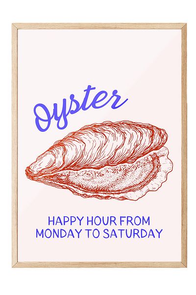 Postifull Wooden Framed Painting, Oyster, Text, Illustration, Minimalist, Pastel Tones, Red Color Poste