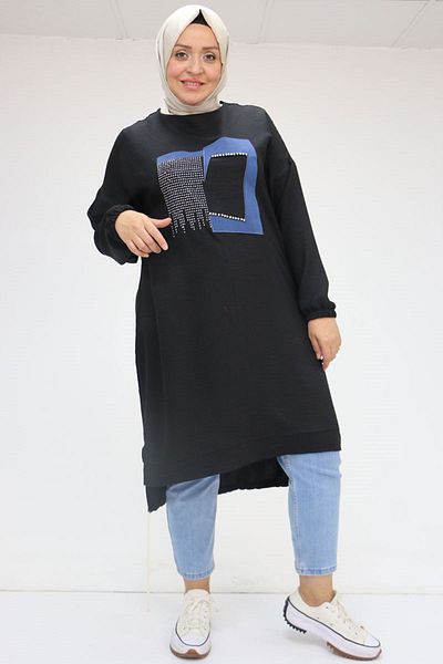 Eslina 58011 Large Size Linen Tunic with Tie Hem and Stone Detail on the Front - Black