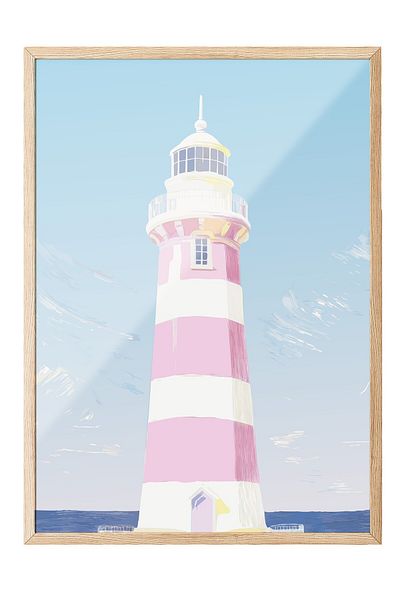 Postifull Wooden Framed Painting, Lighthouse, Illustration, Pastel Tones, Blue Color Poster, 2025 Summer Selection