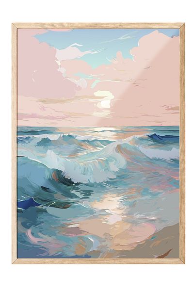 Postifull Wooden Framed Painting, Ocean, Waves, Clouds, Watercolor, Colorful Color Poster, 2025 Summer Selection,