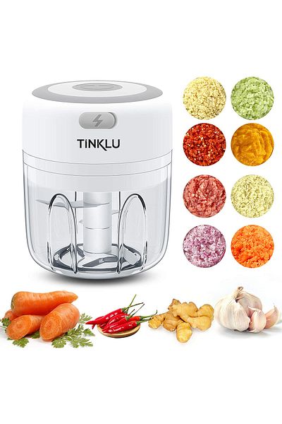 Tinklu Tinklu Mini Electric Chopper, 250 Ml, 3 Stainless Steel Blades, Cordless Operation, USB Power Supply, White