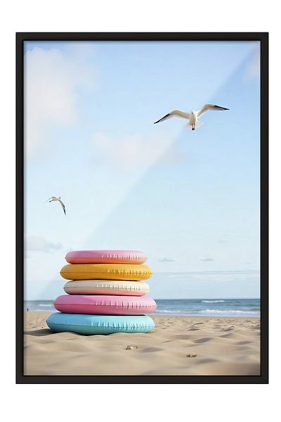 Postifull Black Framed Poster, Swimming Ring on the Beach, Photo, Yellow Color Poster, 2025 Summer Selection, No:10969