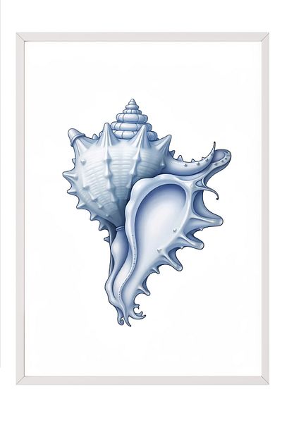 Postifull White Framed Painting, Blue Seashell, Illustration, Blue Color Poster, 2025 Summer Selection, No:10974