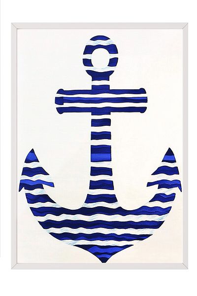 Postifull White Framed Painting, Anchor, Flat Illustration, Minimalist, Blue, White Color Poster, 2025 Summer Selection