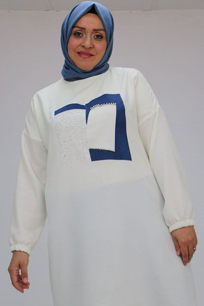 Eslina 58011 Large Size Linen Tunic with Tie Hem and Stone Detail on the Front - Ecru