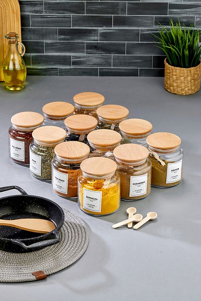 MODA OZY 500 ml 12 Jars with Wooden Lid and Label and 12 Mini Spice Spoons 24 Piece Spice Set
