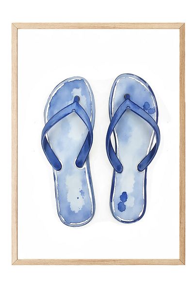 Postifull Wooden Framed Poster Painting, Blue Flip Flops, Illustration, Blue Color Poster, Choose Summer 2025