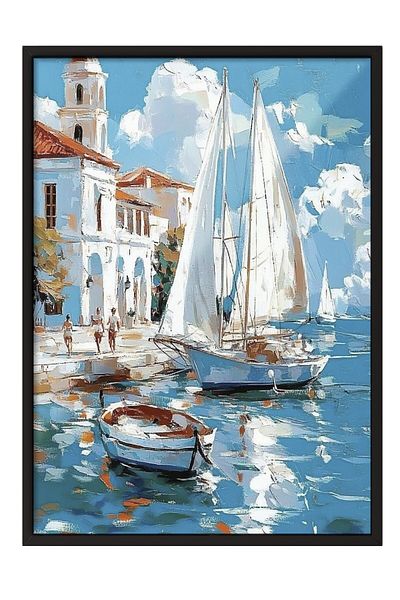 Postifull Black Framed Painting, Boats, Building, Water, Impressionist, Blue, White Color Poster, 2025 Summer Selection, No: