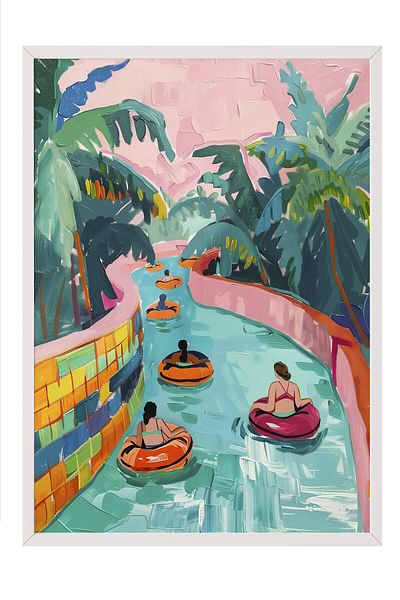 Postifull White Framed Painting, People, River, Inflatable, Acrylic Painting, Pastel Tones, Multicolor Color Pos
