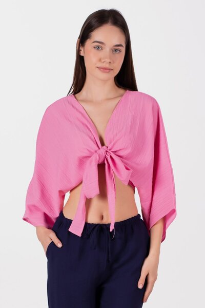 BARRELS AND OIL Women's Tie Front Batwing Sleeve Blouse - Pink