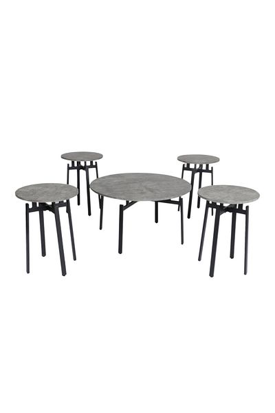 mr-everything This 4-server coffee table set features an attractive, modern design, featuring a concrete-like grey top and a sturdy black metal frame.
