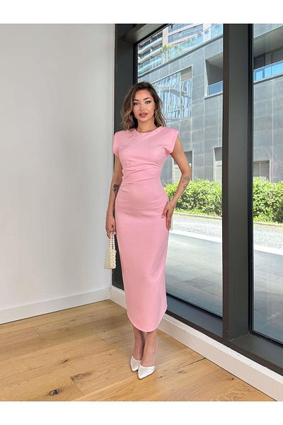 modaçelikler Round Neck Draped Jesep Pink Women's Dress 25Y065