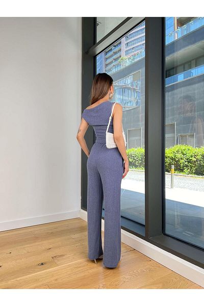 modaçelikler Short Sleeve Blouse Elastic Waist Wide Leg Pants Eldar Women's Blue Corduroy Suit 24Y854