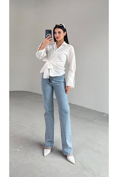 Cappmoda Jean-08132 Ice Blue Full Stone Embroidered Lycra Palazzo Jean