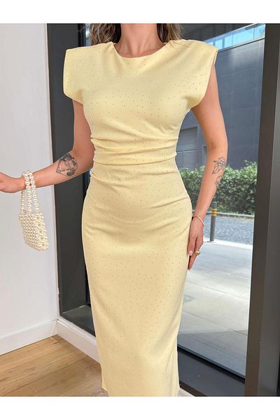 modaçelikler Round Neck Draped Jesep Yellow Women's Dress 25Y065