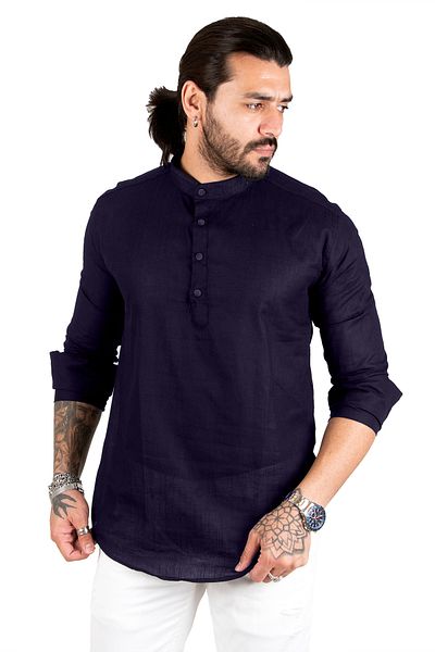 DeepSEA Men's Navy Blue Half Button Striped Judge Collar Raw Linen Long Sleeve Shirt 2201914