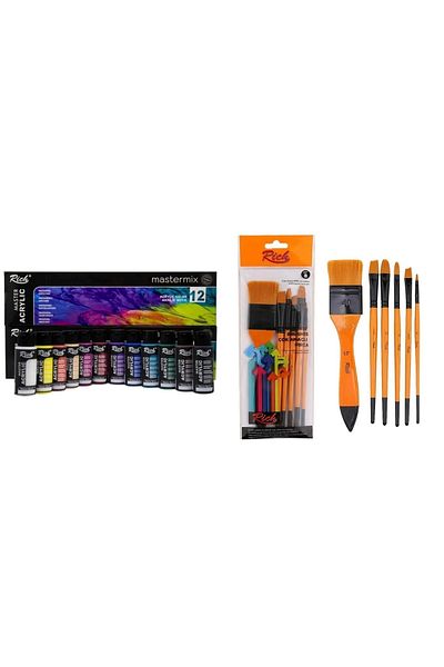 Rich Rich Master Mix Acrylic Paint Set 12 Li̇ +Rich 6-Piece Mixed Brush Set - Set 8 -Set-8