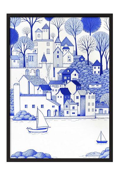Postifull Black Framed Painting, Sea and House Landscape, Illustration, Blue Color Poster, 2025 Summer Selection, No:1
