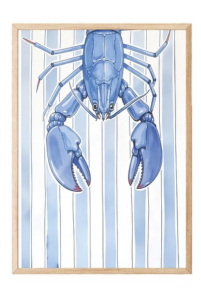 Postifull Wooden Framed Poster Painting, Blue Lobster, Illustration, Blue Color Poster, 2025 Summer Selection, No:109