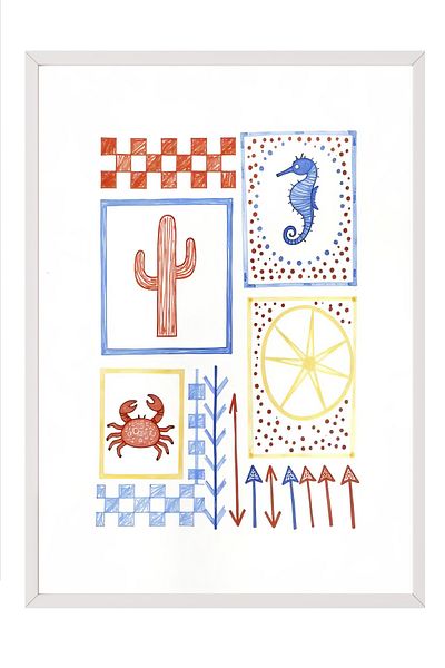 Postifull White Framed Poster, Beach Atmosphere, Illustration, Blue Color Poster, 2025 Summer Selection, No:109569