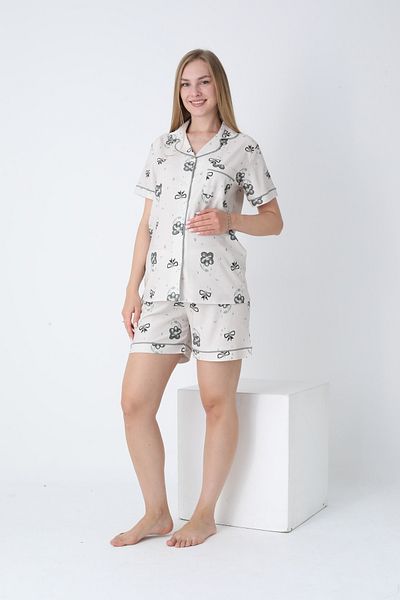 Miss Dünya Lissa Front Buttoned Shirt Collar Printed Short Sleeve Woven Fabric Maternity and Maternity Shorts Pajama Set