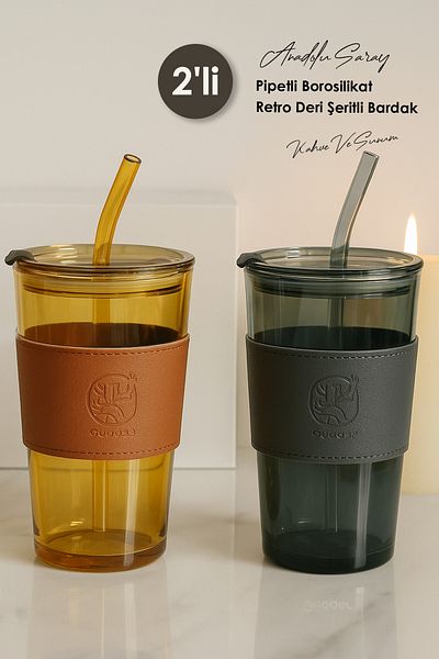 Anadolu Saray 2 Pieces of Heat Resistant Borosilicate Retro Leather Stripe Cups with Straws |   Coffee Presentation Cup