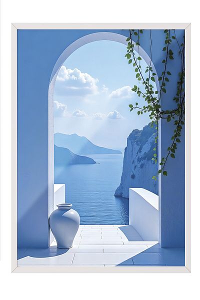 Postifull Pictură cu cadru alb, ușă și peisaj albastru, fotografie, poster de culoare albastră, selecție de vară 2025, NR: 109708