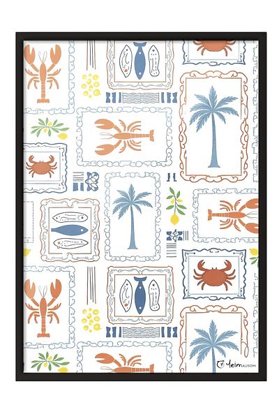 Postifull Black Framed Poster, Beach Elements, Illustration, Blue Color Poster, 2025 Summer Selection, No:109696