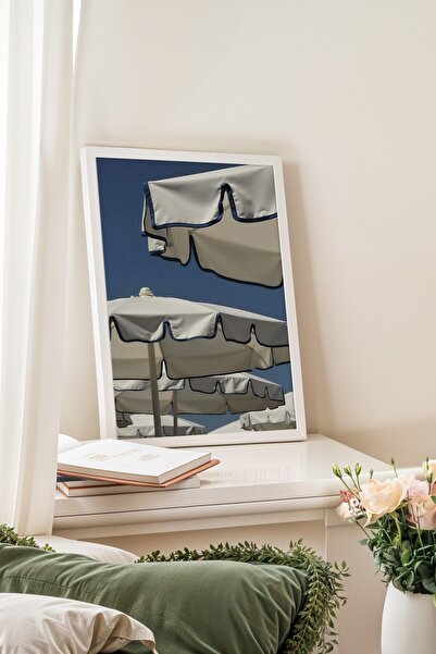 Postifull White Framed Poster, Beach Umbrellas, Photo, Blue Color Poster, 2025 Summer Selection, No:109658
