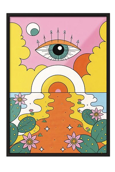 Postifull Black Framed Painting, Eye of the Sun, Illustration Maximalist, Yellow Color Poster, 2025 Summer Selection, No