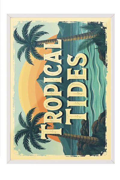 Postifull White Framed Painting, Tropical Tides, Illustration, Maximalist, Colorful Color Poster, 2025 Summer Se