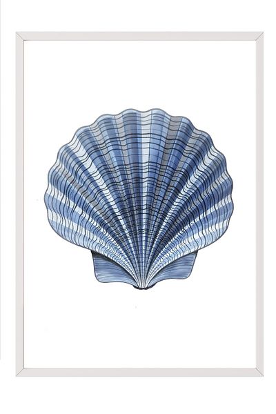 Postifull White Framed Painting, Blue Seashell, Illustration, Blue Color Poster, 2025 Summer Selection, No:10972