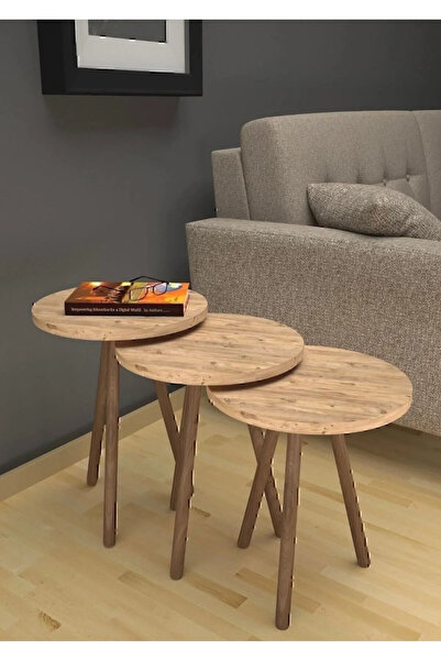 tahtavibe Yuvarlak 3'lü Zigon Sehpa Takımı,Demonte Sehpa,Sunum Sehpası,Dekora...