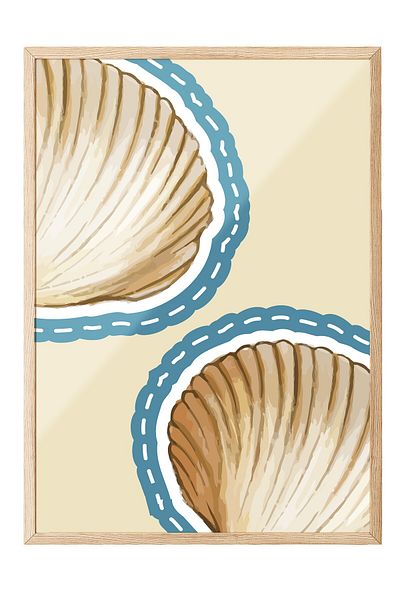 Postifull Wooden Framed Painting, Seashell, Illustration, Flat Illustration, Beige, Blue Color Poster, Summer 2025