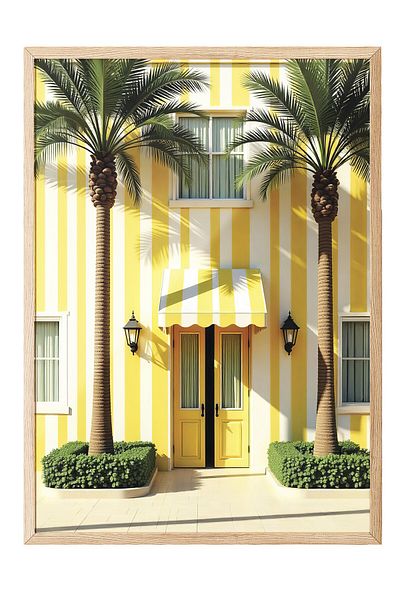 Postifull Wooden Framed Poster, Yellow House and Palm Trees, Photo, Maximalist, Yellow Color Poster, 2025 Ya